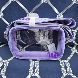 NEW! Urban Decay Clear Crossbody Cosmetics Bag Adjustable Purple Strap Zip Top